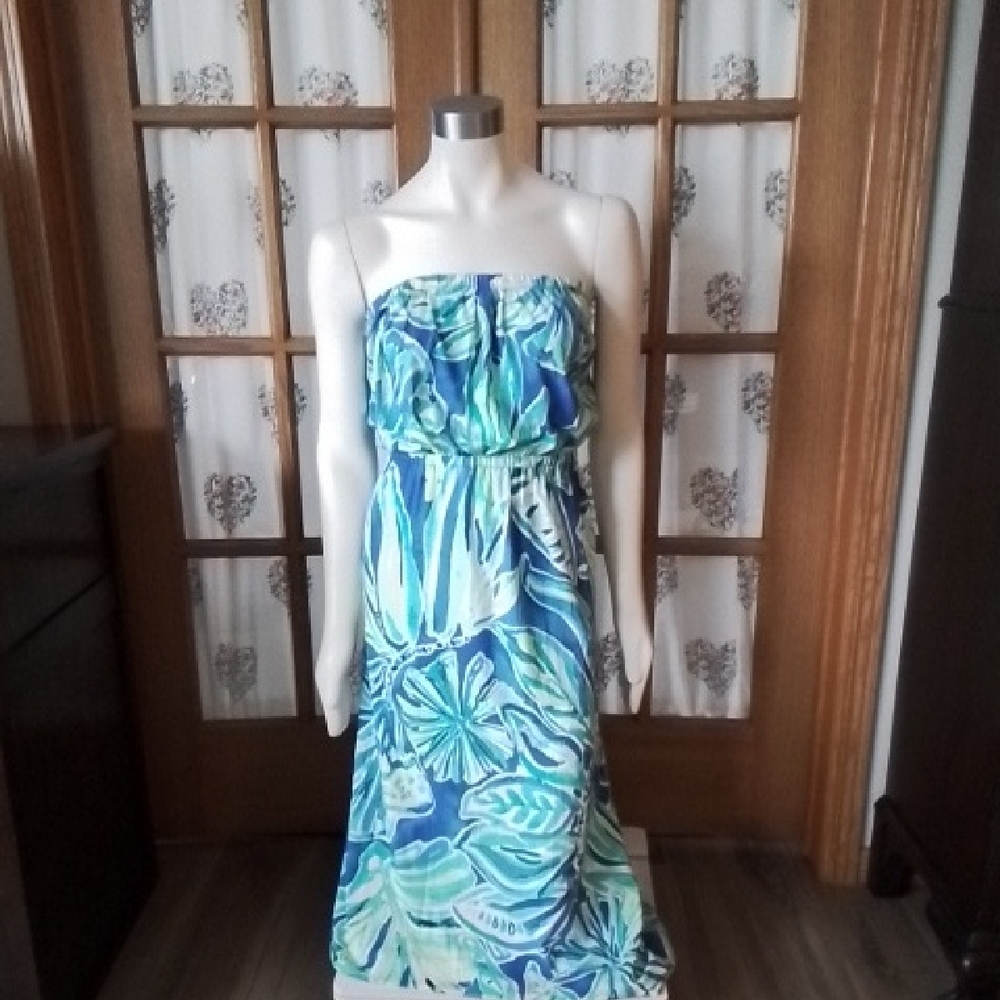 Lilly Pulitzer Strapless Floral Blue Green Maxi Dress, Size Small